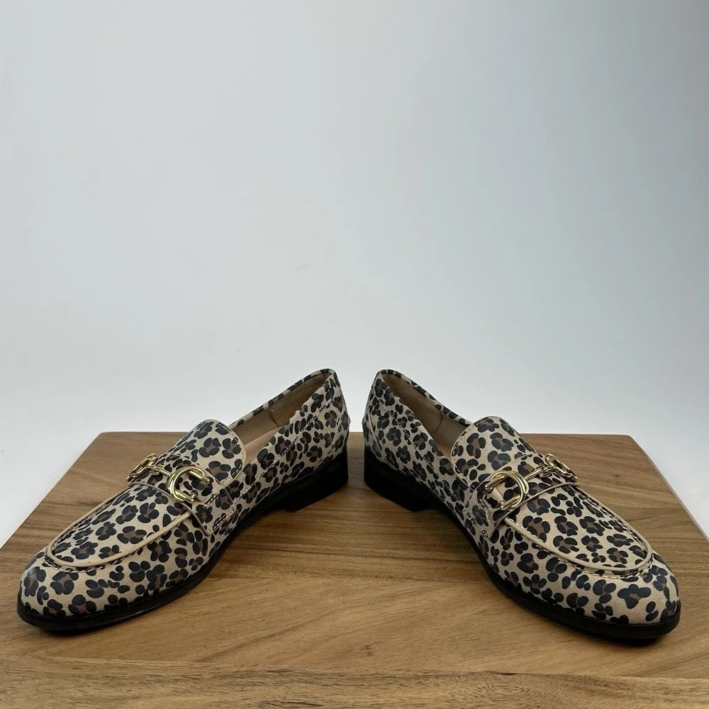 Womens Stuart Weitzman‎ Owen Buckle Tan Leather Cheetah Print Loafers Size 5 B